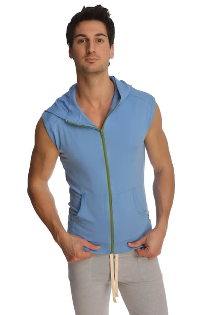 Light blue sleeveless yoga hoodie with green zipper and front pockets ideal for activewear and casual wear
