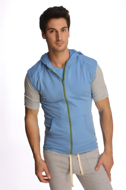 Light blue sleeveless yoga hoodie with gray short sleeves zip-up front and pockets for comfortable layering
