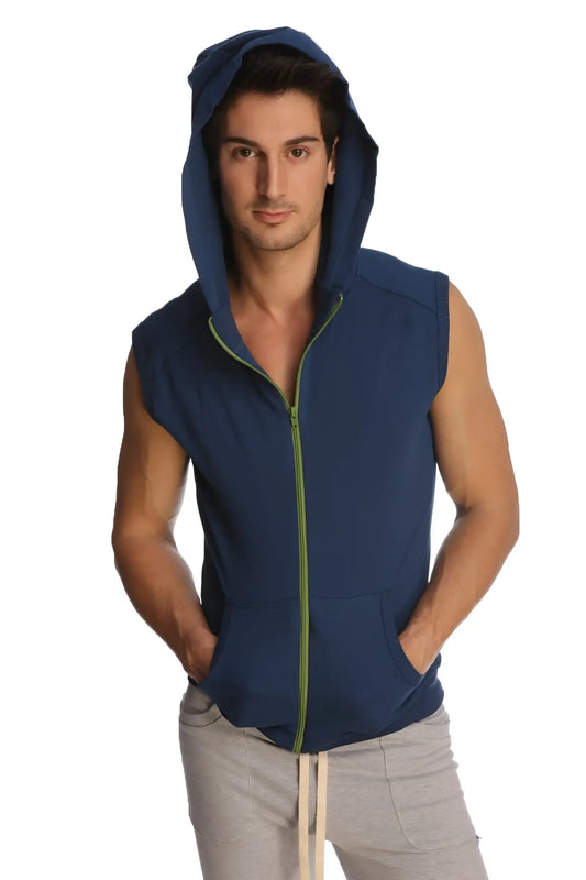 Sleeveless yoga hoodie in navy blue with lime green zipper and front pockets designed for comfort and mobility