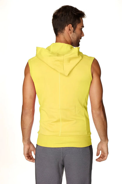 Bright yellow sleeveless yoga hoodie with hood and ribbed hem ideal for activewear and casual comfort