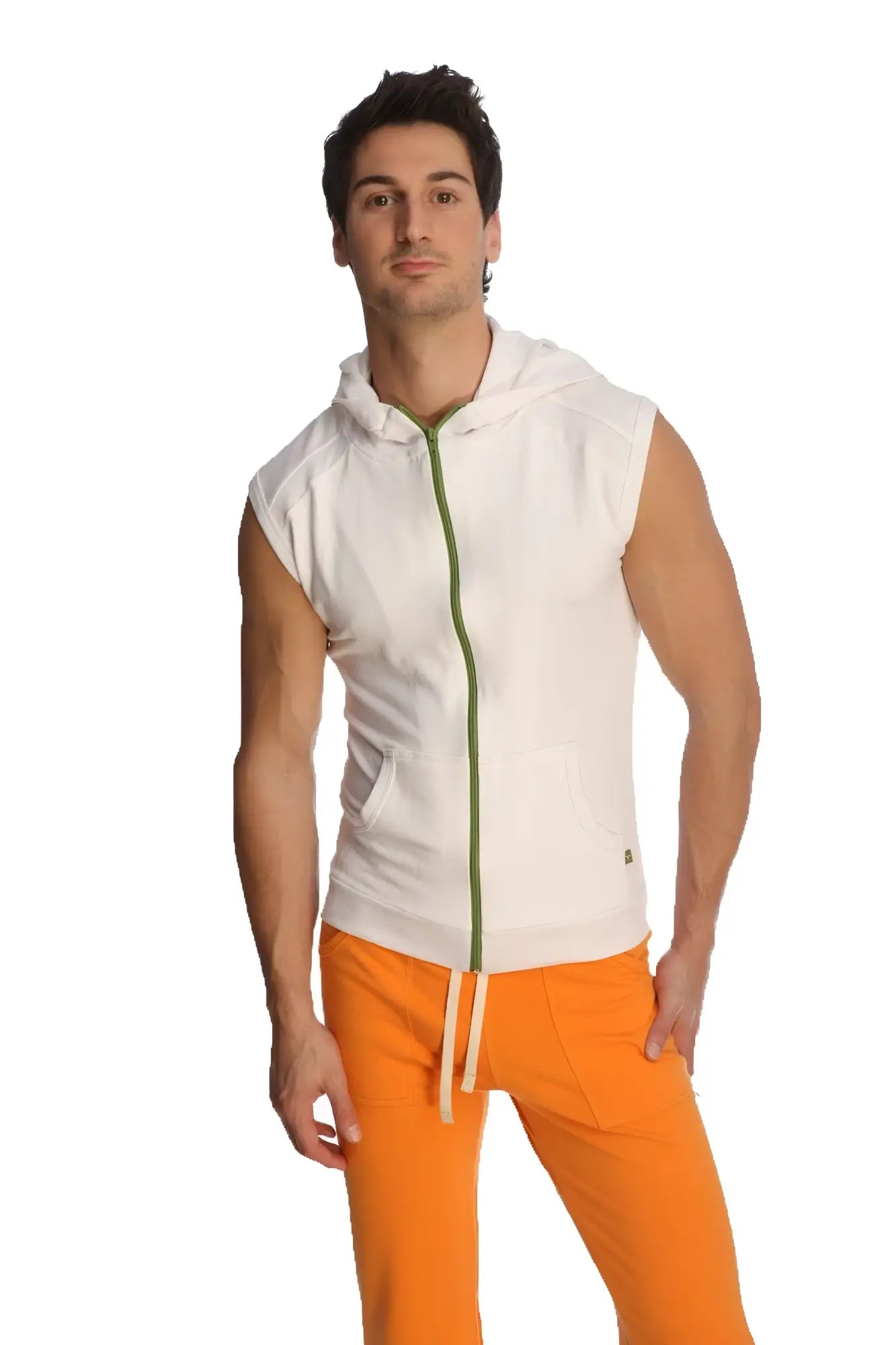 Sleeveless yoga hoodie in white with a green zipper and subtle branding on the lower right side