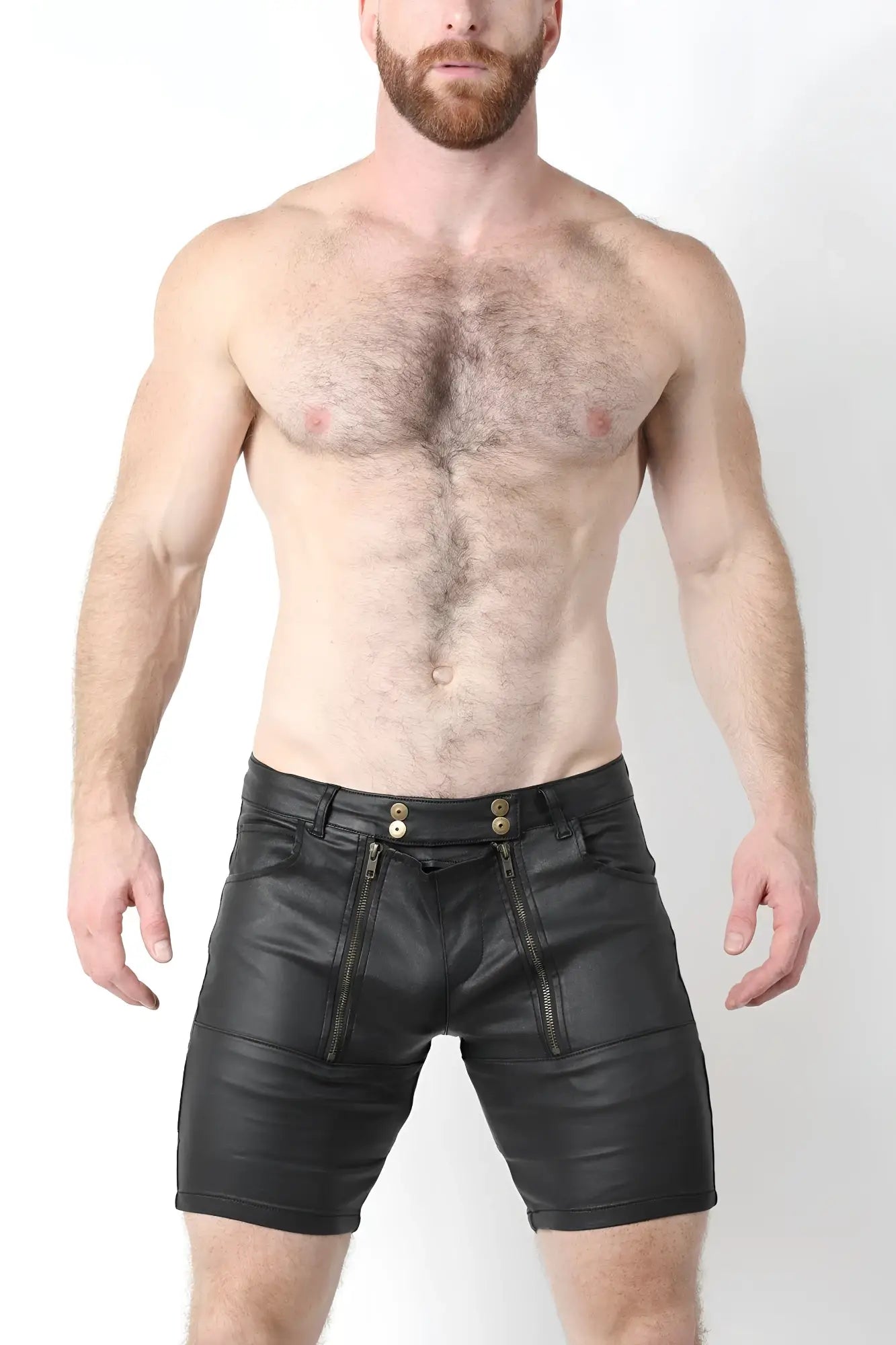Black leather slick carpenter zipper short v2 with front zippers and gold-tone buttons for edgy style