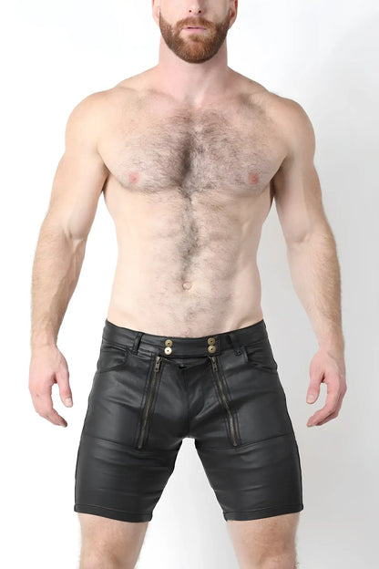 Black leather slick carpenter zipper short v2 with front zippers and gold-tone buttons for edgy style