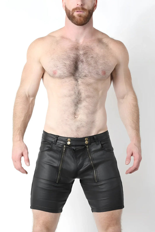 Black leather slick carpenter zipper short v2 with front zippers and gold-tone buttons for edgy style