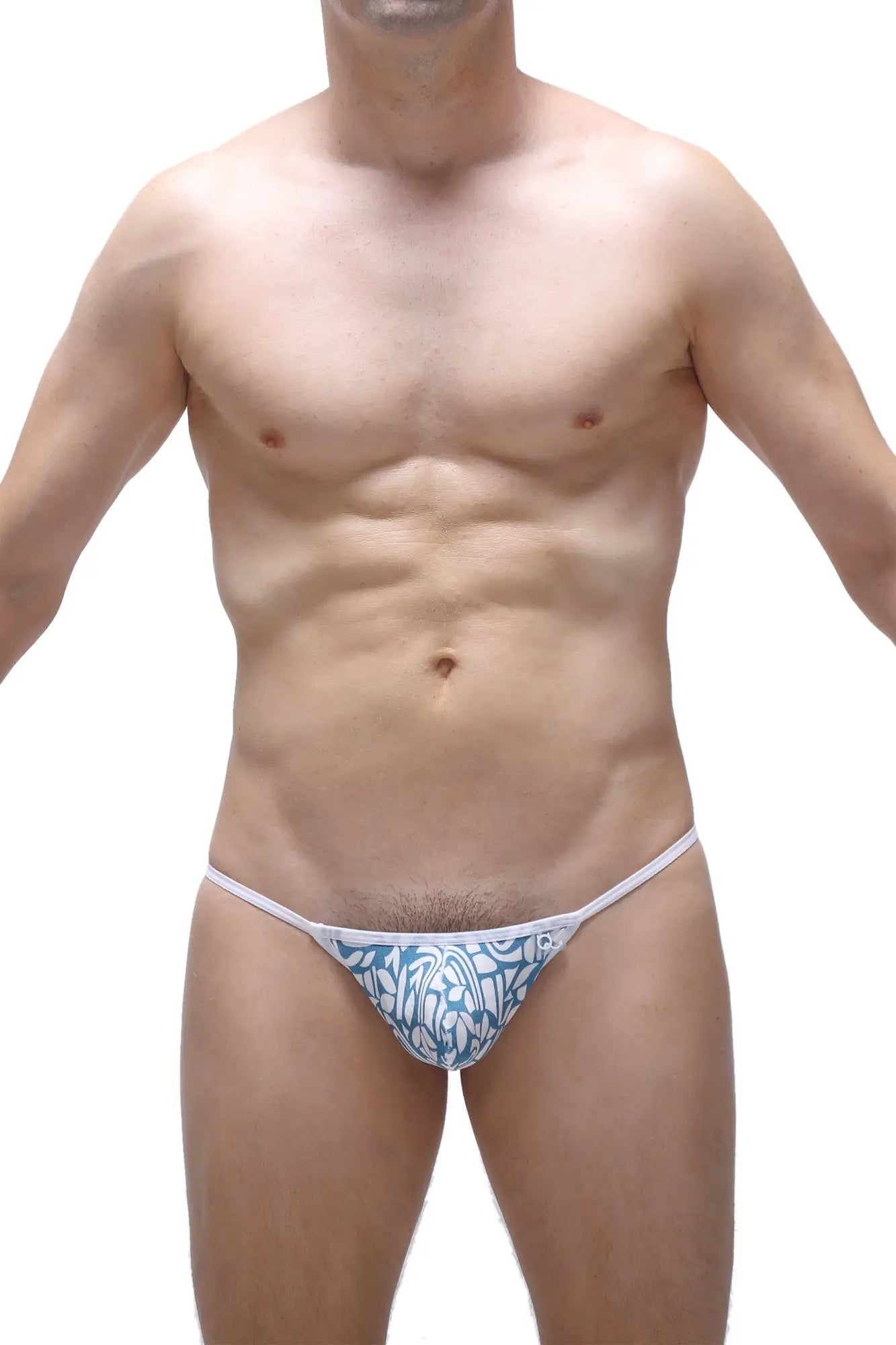 Slingshot herat carlot blue and white patterned thong with thin matching waistband shown from the front