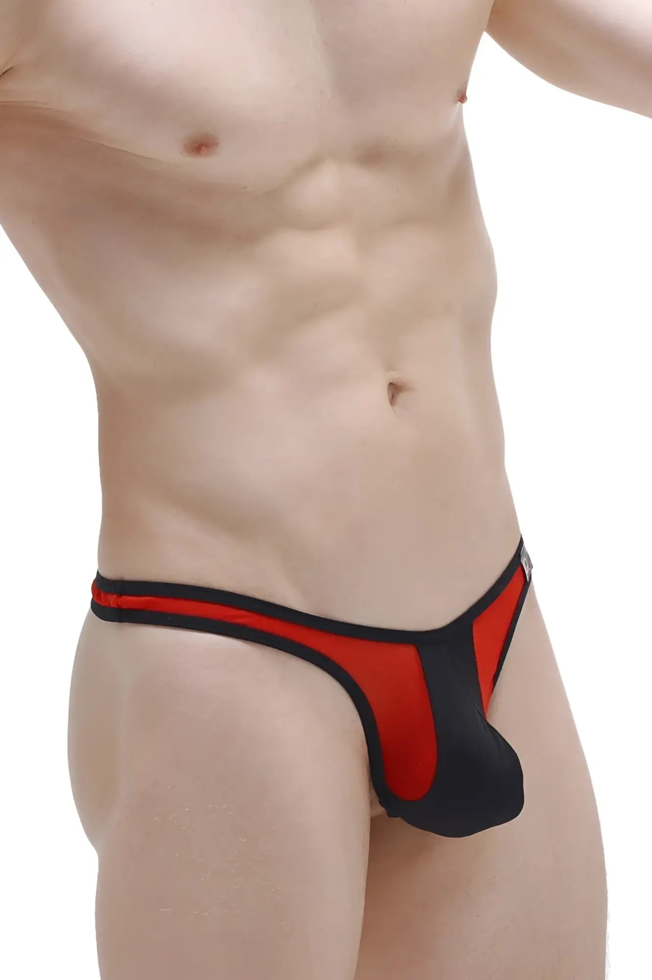Slingshot neuvit red athletic-style thong in red and black with contoured design shown from the back side