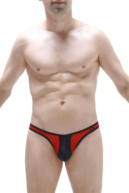 Black and red slingshot neuvit thong with mesh panel showing front and back design details