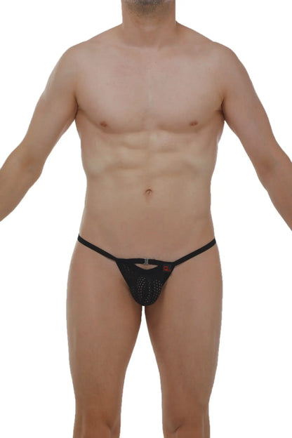 Black mesh thong slingshot rahart durtol with central metal clasp and small red logo detail visible on front side