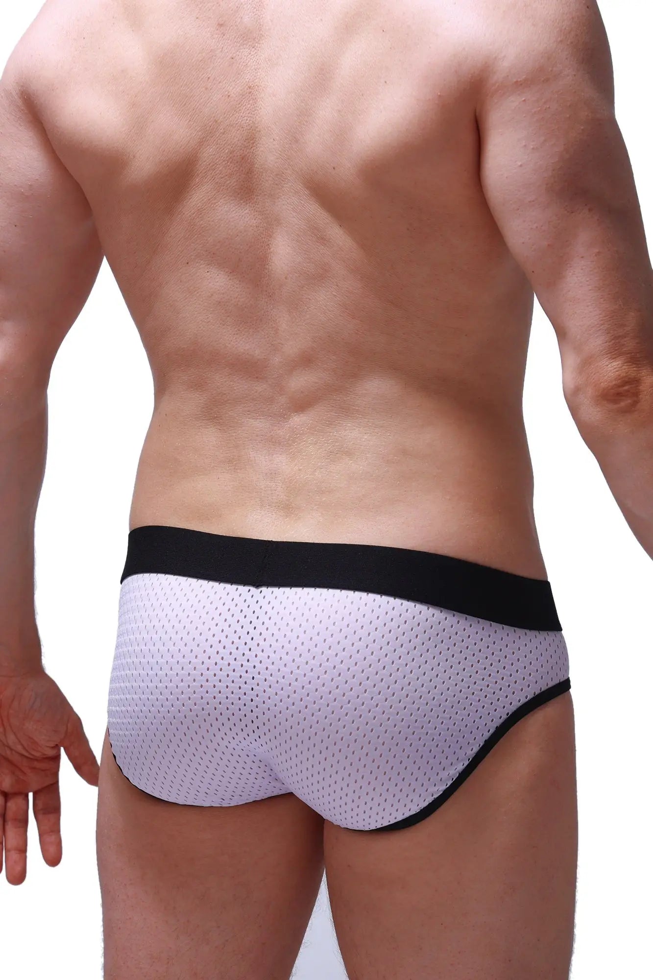 White mesh briefs with black elastic waistband and trim from slip maray bee collection