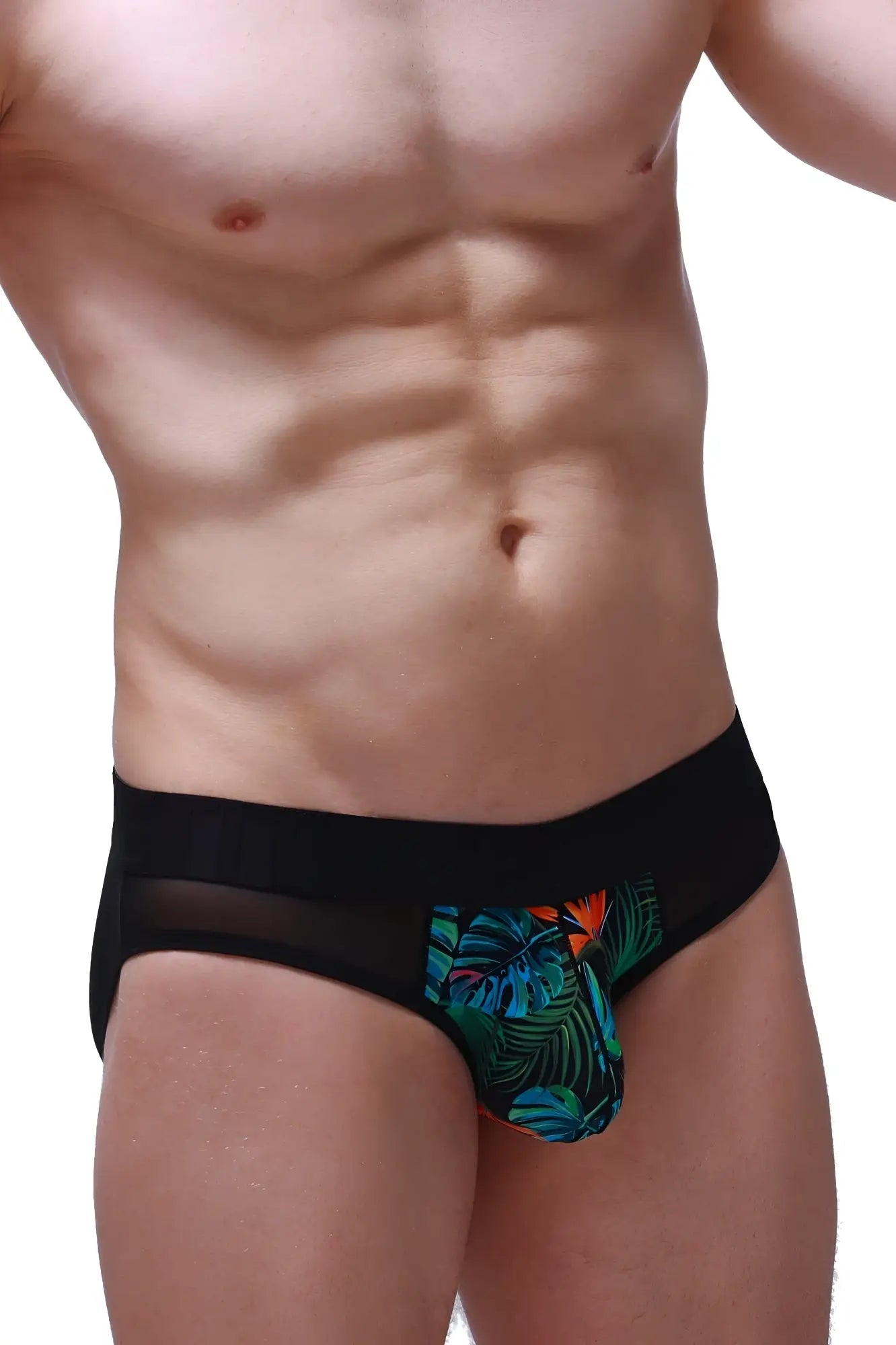 Black tropical leaf-patterned men’s briefs slip marsol with sheer mesh side panel for breathable comfort