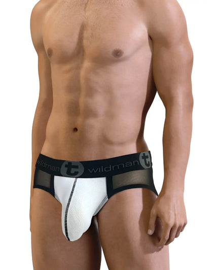 Black and white mesh slut big boy pouch brief with branded waistband and see through back side