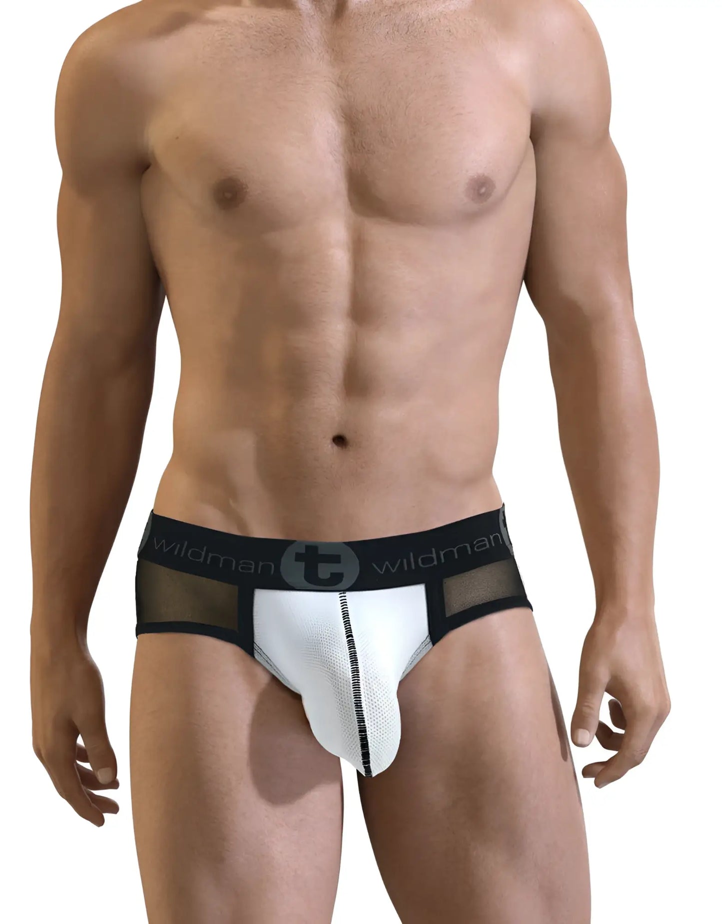 White and black mesh Slut big boy pouch brief with branded waistband and see-through back shown from the back side