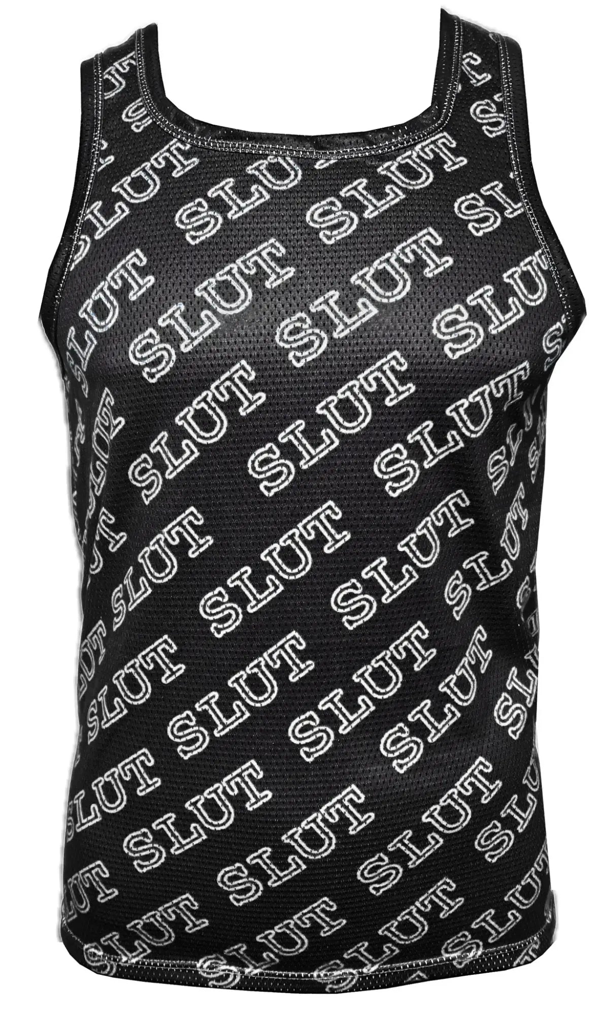 Black mesh sports tank top with white slut text printed diagonally across the fabric for edgy style