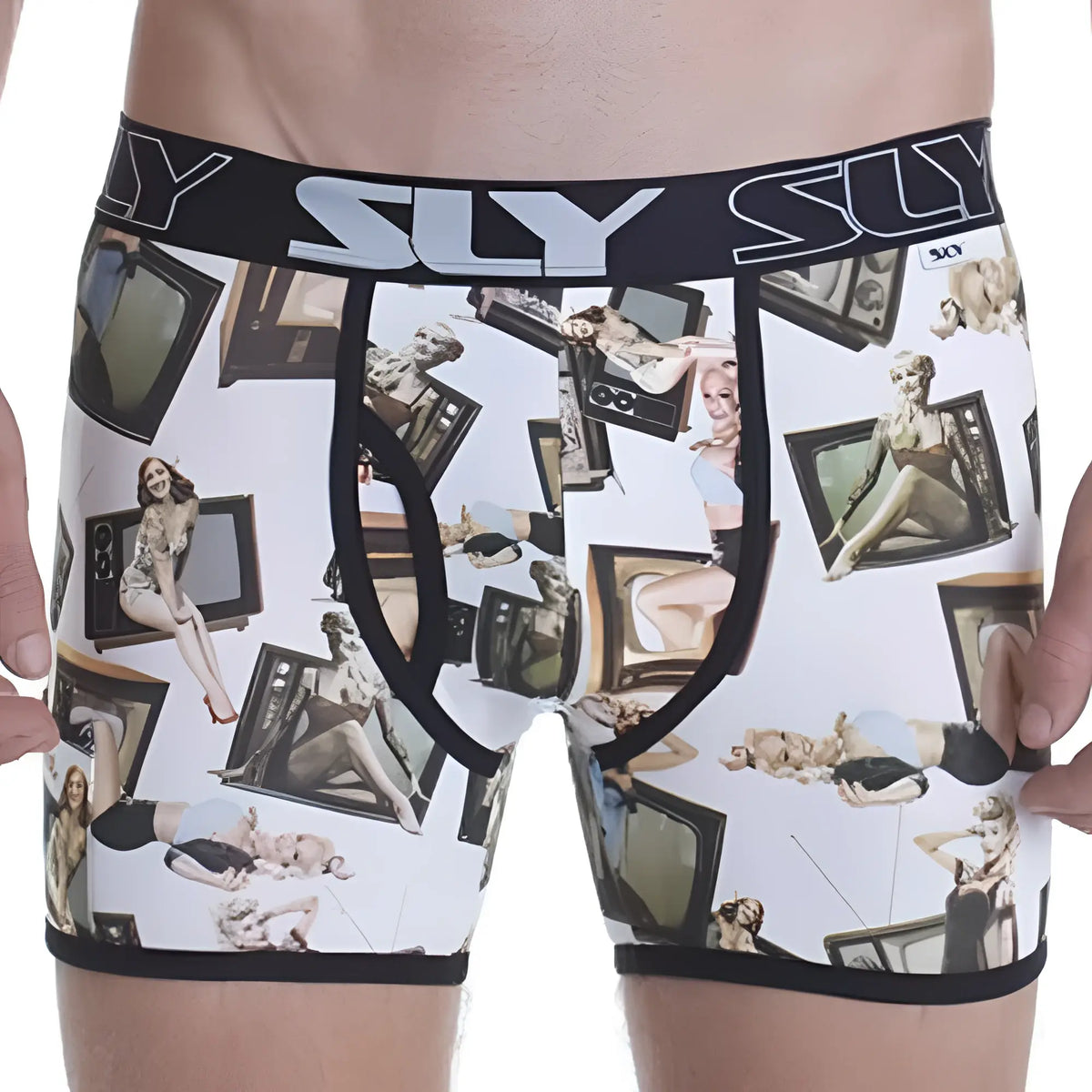 White boxer briefs with black trim and vintage pin-up women in retro TVs featuring sly logo on the waistband