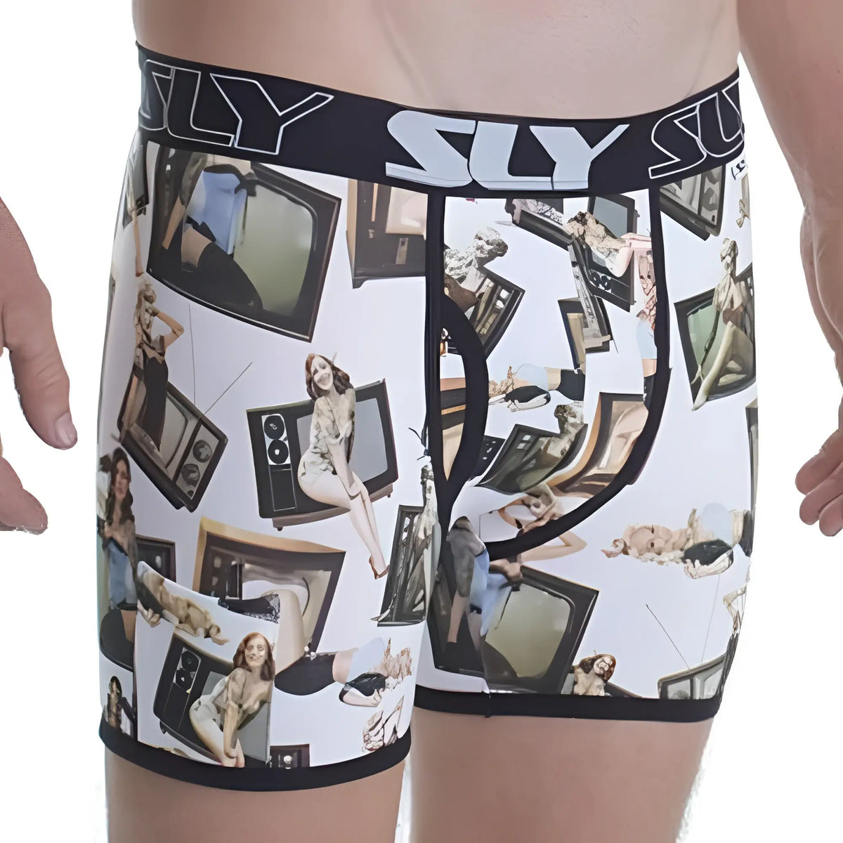 White boxer briefs with black sly waistband featuring vintage tv and pin-up women pattern