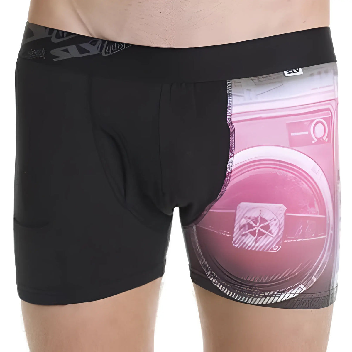 Black SLY SL-BUGHEW-GHETTO work boxer briefs with a pink and white vintage boombox graphic on the right leg
