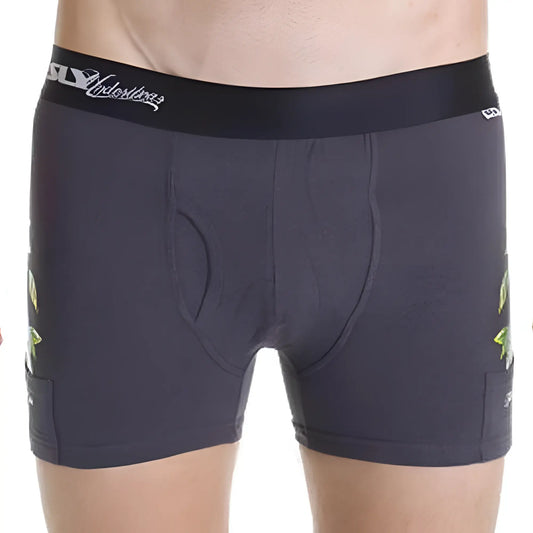 Dark gray sly sl-bulouw-louis g work boxer brief with black waistband white branding and lime green star side graphics