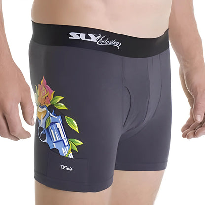 Dark gray sly industries sl-bulouw-louis g work boxer briefs with vibrant blue revolver and pink orange roses design
