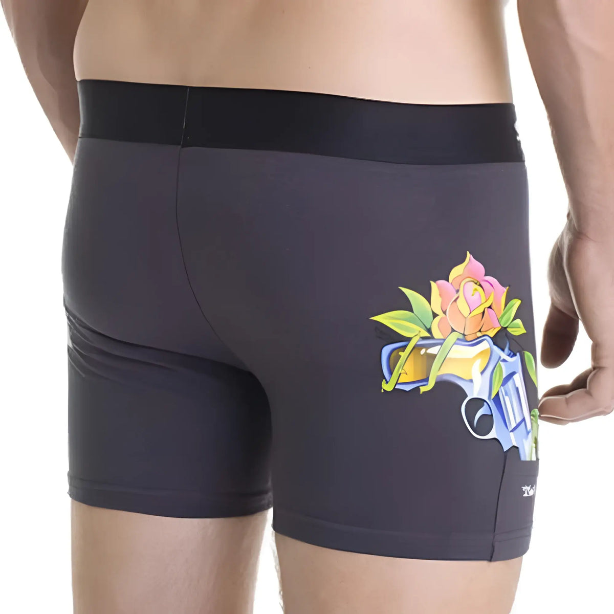 Dark gray sly sl-bulouw-louis g work boxer briefs with vibrant rose and revolver graphic in pink yellow green and blue