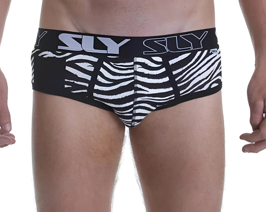 Black and white zebra print SLY SL BUZEBB briefs with bold sly logo on the waistband, front view