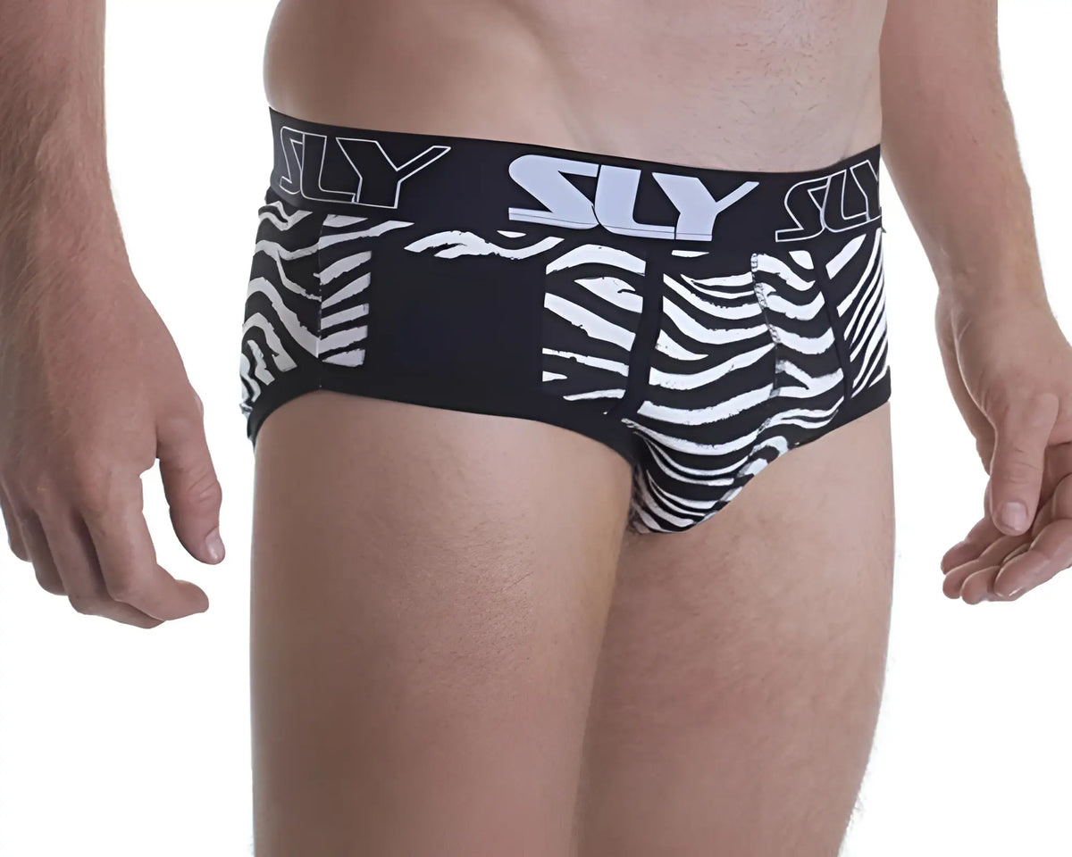 Black and white zebra-print SLY SL-BUZEBB briefs with a bold sly logo on the waistband in front view