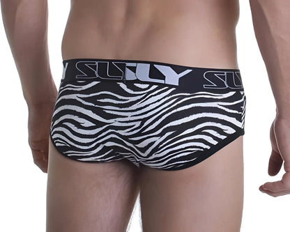Black and white zebra-striped SLY SL-BUZEBB zebra briefs with a bold silly logo waistband for comfortable wear