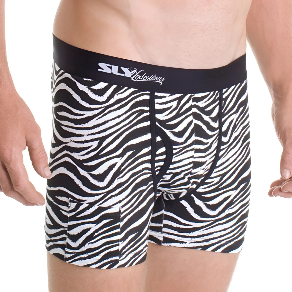 Sly slbuzebwm boxer brief in black and white zebra stripes with black elastic waistband featuring sly underwear logo