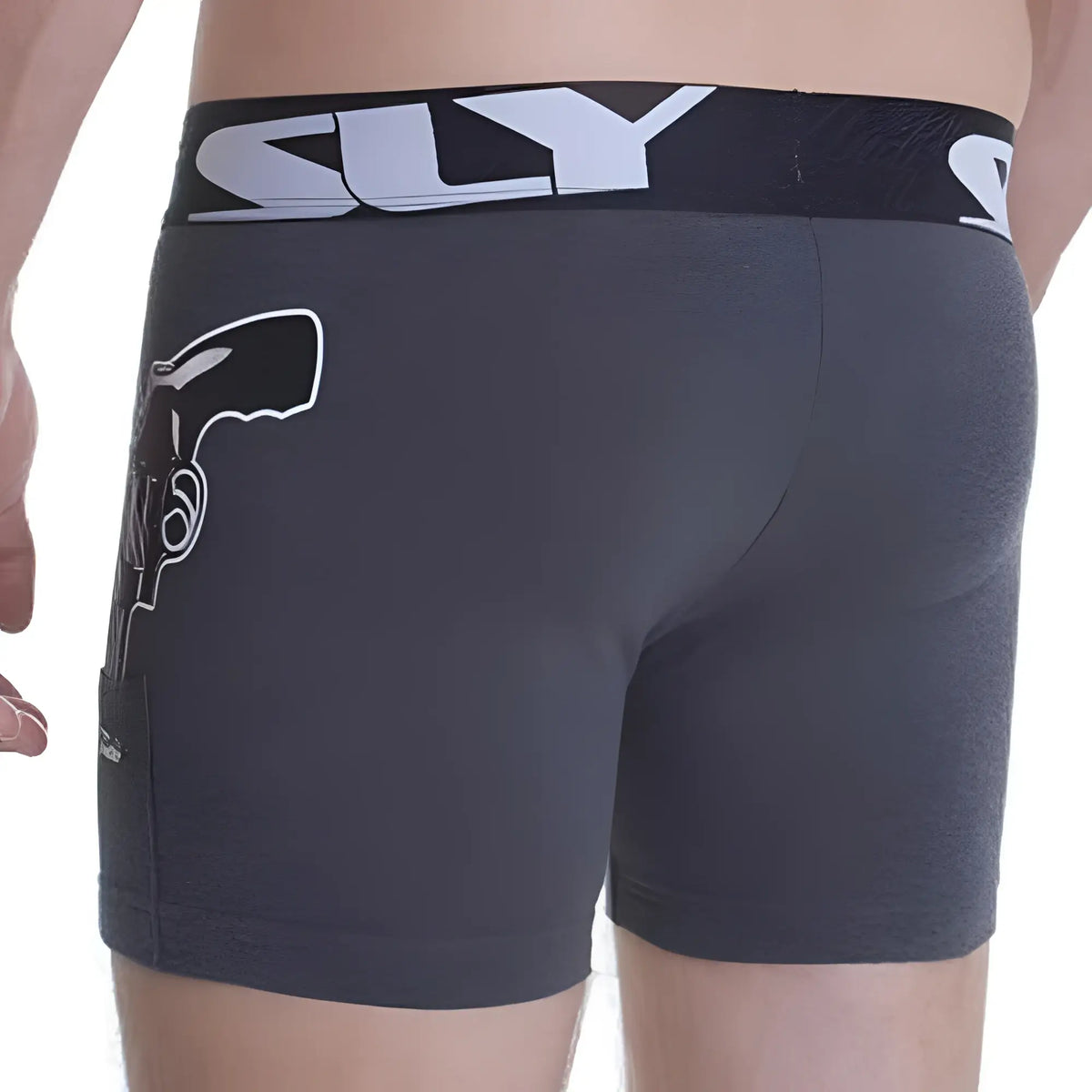 Dark gray heathered sly sly0020008w boxer briefs with black waistband and white revolver graphic on left leg