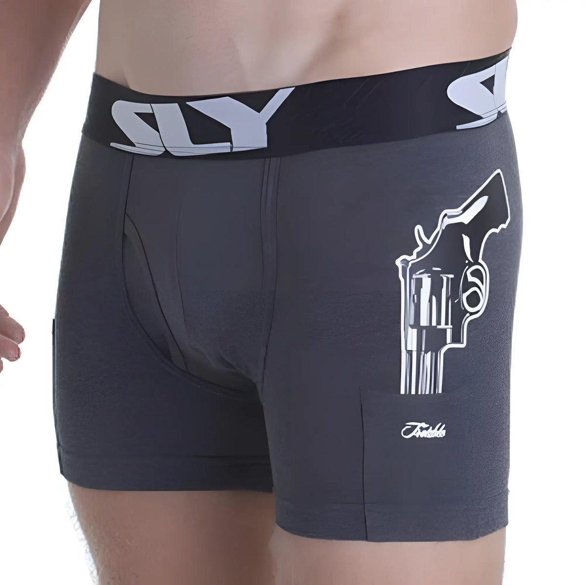 Dark gray heathered sly sly0020008w boxer briefs with white revolver graphic and sly branded waistband