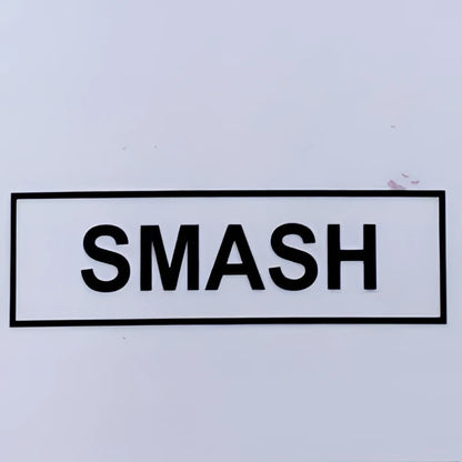 Black smash sticker with bold uppercase lettering inside a rectangular border for smash gossamer lace top product