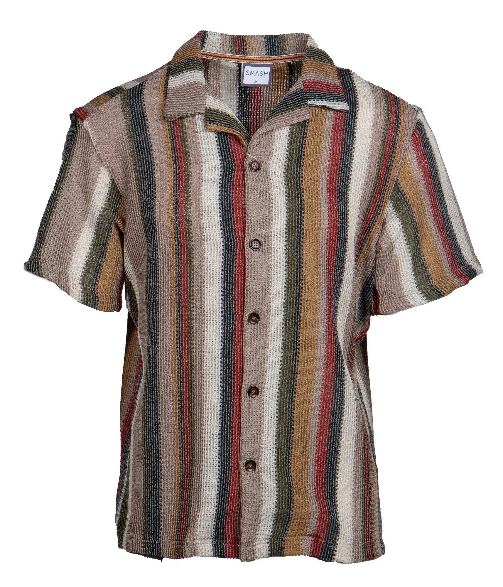 Smash s s stripe button down shirt short-sleeved with vertical earthy stripes in textured fabric