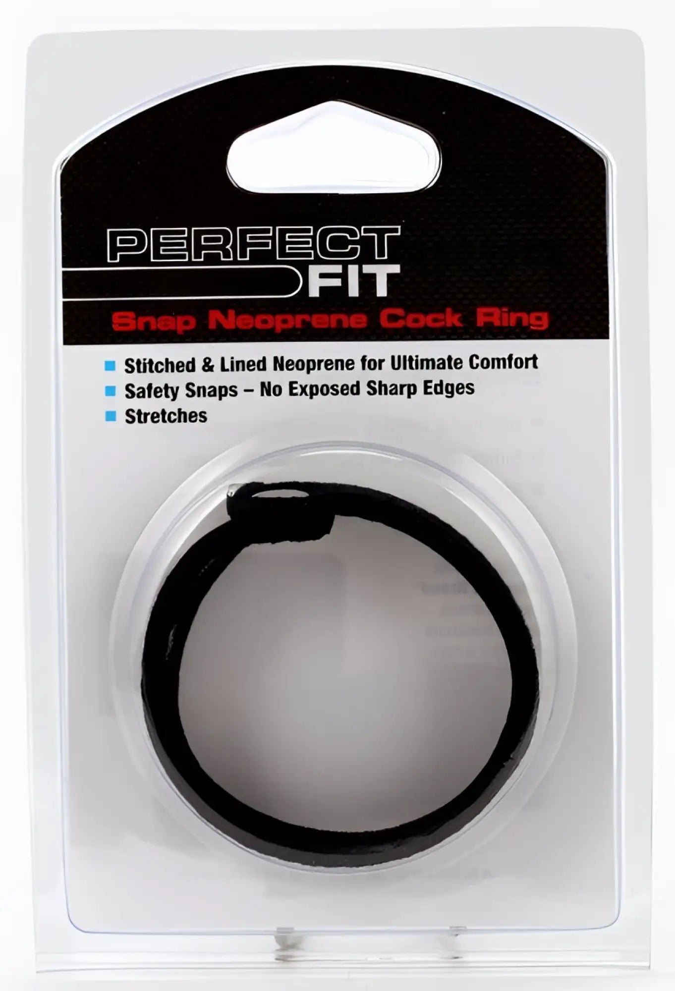 Black snap neoprene cock ring in clear plastic packaging with perfect fit branding for comfortable wear