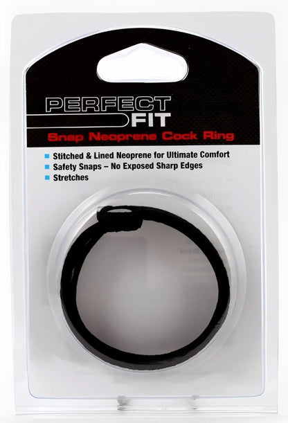 Black snap neoprene cock ring in clear plastic packaging with perfect fit branding for comfortable wear