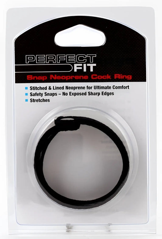 Black snap neoprene cock ring in clear plastic packaging with perfect fit branding for comfortable wear