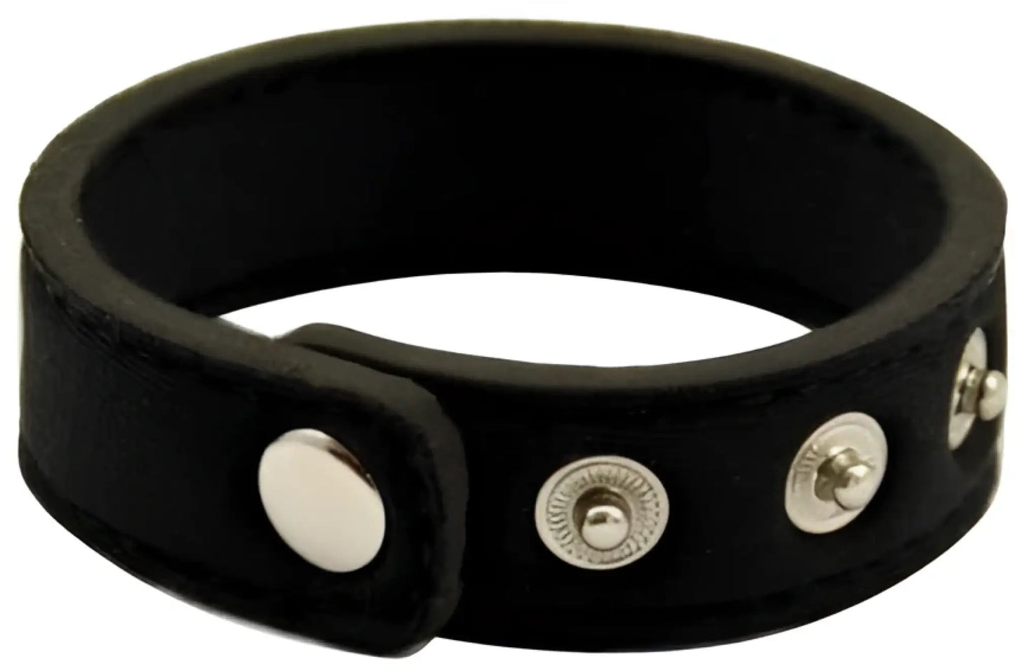 Black leather snap neoprene ring bracelet with silver-toned snap buttons designed for secure wear