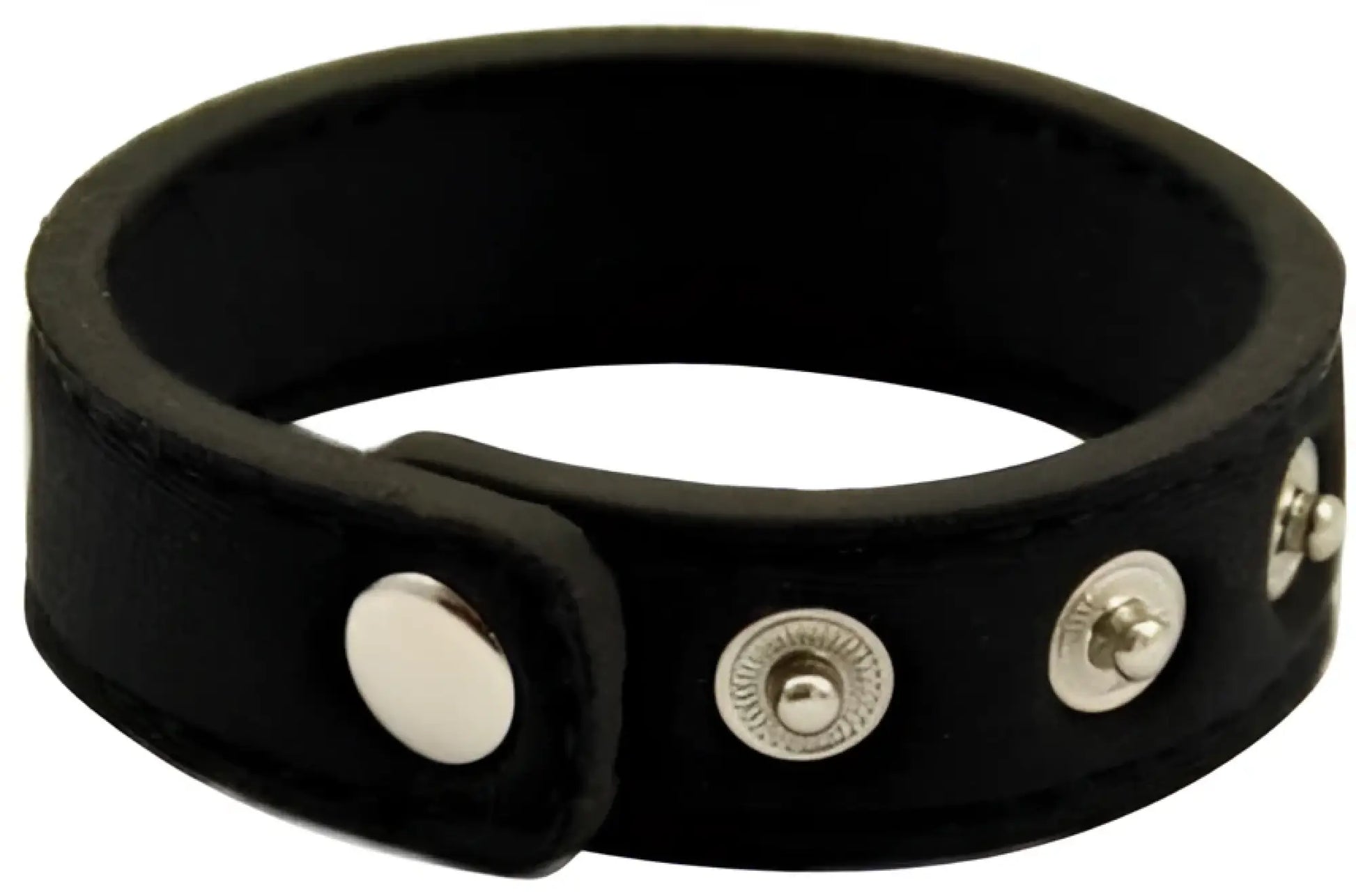 Black leather snap neoprene ring bracelet with silver-toned snap buttons designed for secure wear