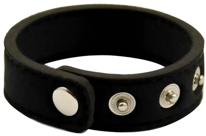 Black leather snap neoprene ring bracelet with silver-toned snap buttons designed for secure wear
