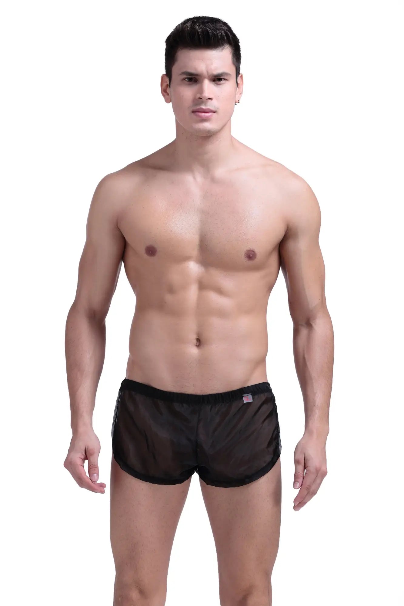 Snap shorts petitq black sheer mesh swim trunks with solid black waistband front view