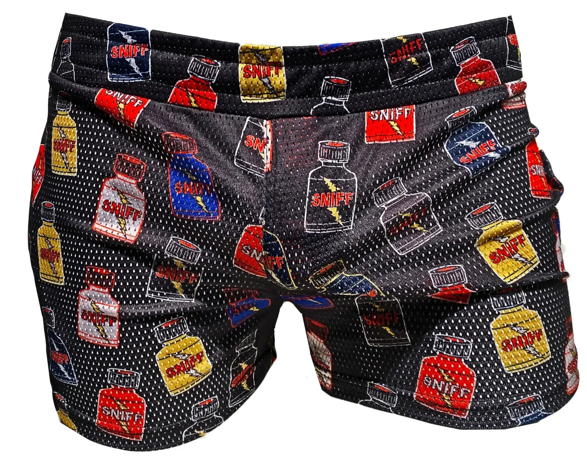 Black mesh sniff print booty shorts with colorful red yellow and blue cartoon bottle graphics all over