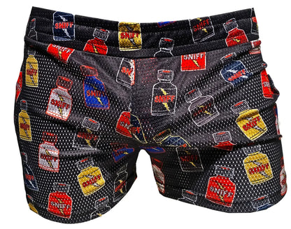 Black mesh sniff print booty shorts with colorful red yellow and blue cartoon bottle graphics all over