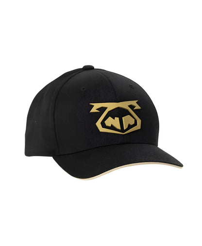 Black snout 2-tone cap featuring a gold embroidered logo on the front with durable fabric design