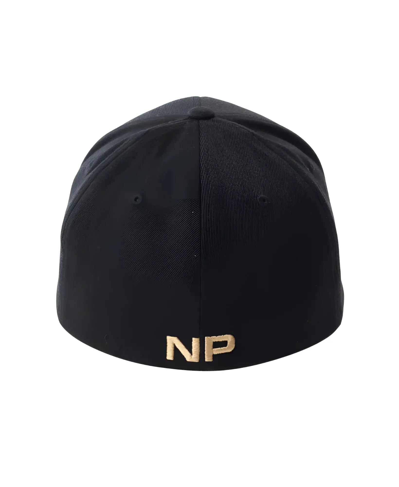 Back view of black snout 2 tone cap with gold embroidered np logo on fitted baseball cap material