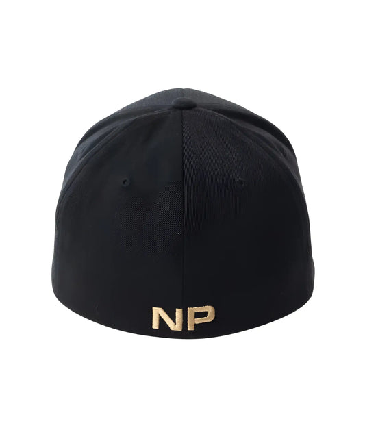 Back view of black snout 2 tone cap with gold embroidered np logo on fitted baseball cap material