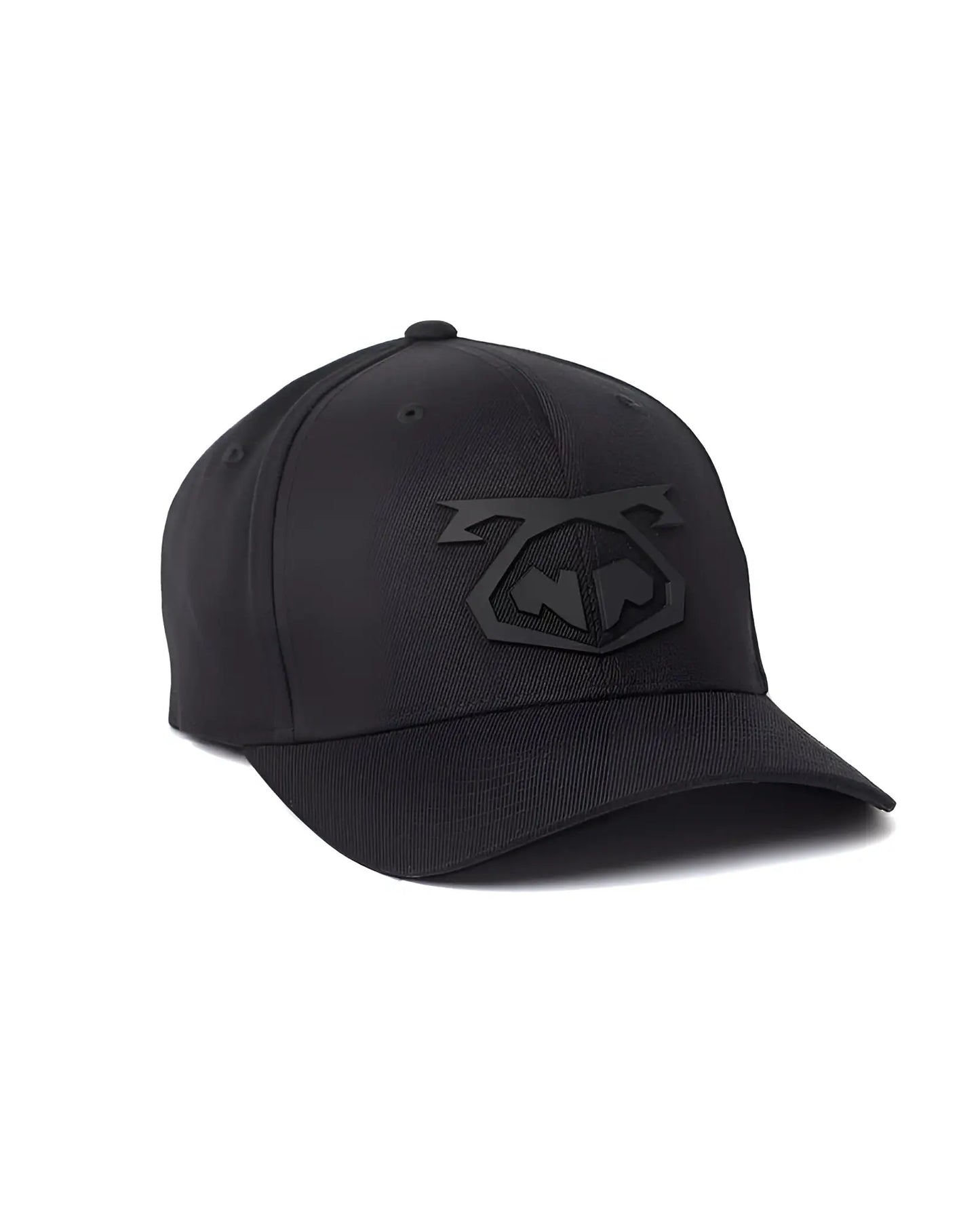 Black snout cap baseball hat with subtle embossed logo on the front made of durable fabric for casual wear