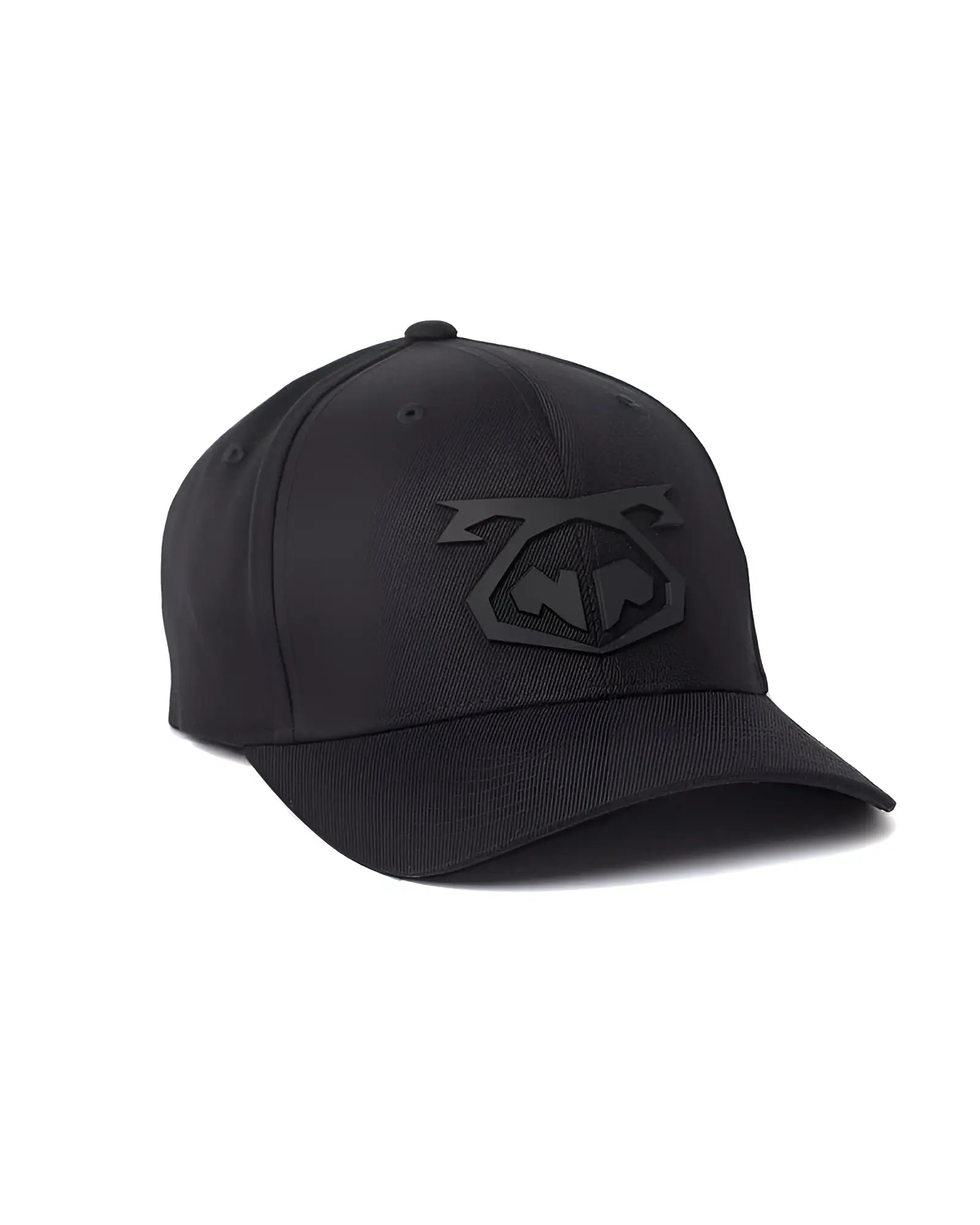 Black snout cap baseball hat with subtle embossed logo on the front made of durable fabric for casual wear
