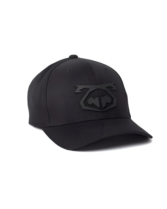Black snout cap baseball hat with subtle embossed logo on the front made of durable fabric for casual wear