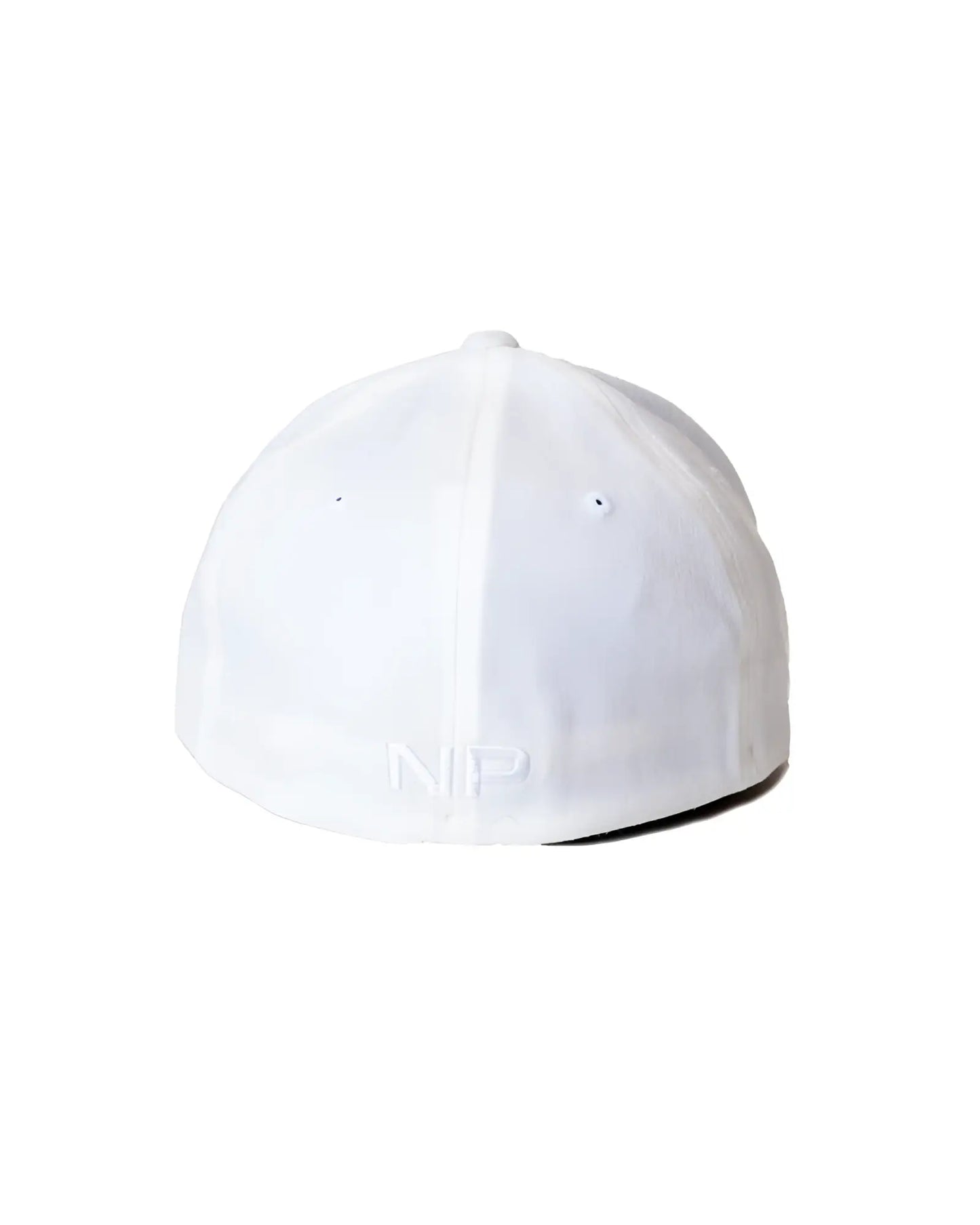 White snout cap baseball hat showing back with subtle embroidered np logo on the cotton fabric