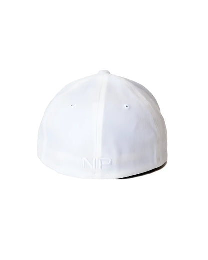 White snout cap baseball hat showing back with subtle embroidered np logo on the cotton fabric