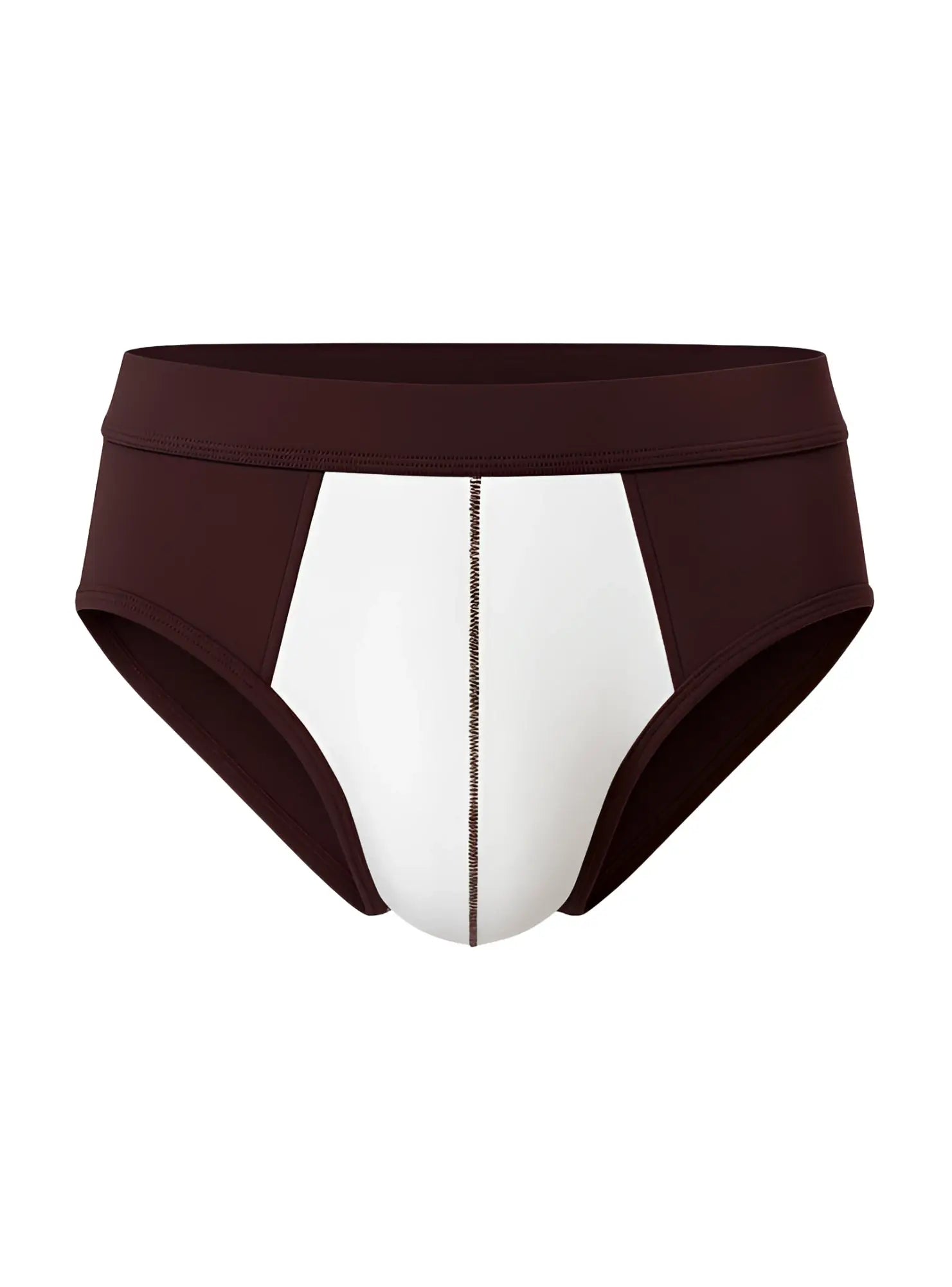 Brown and white soft stretch contrast brief with central seam detail designed for athletic comfort and performance