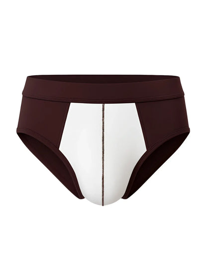 Brown and white soft stretch contrast brief with central seam detail designed for athletic comfort and performance